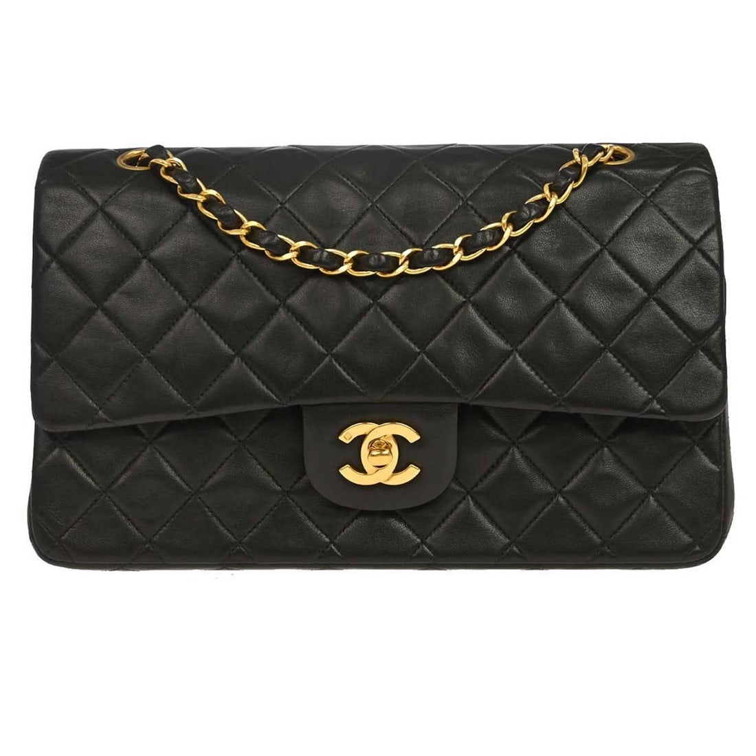 CHANEL Classic Double Flap Medium Black Lambskin Shoulder Bag: CHANEL Classic Double Flap Medium Black Lambskin Shoulder Bag Chanel Classic Double Flap shoulder bag in black lambskin leather. This medium bag features a turn-lock closure and shoulder strap, with o