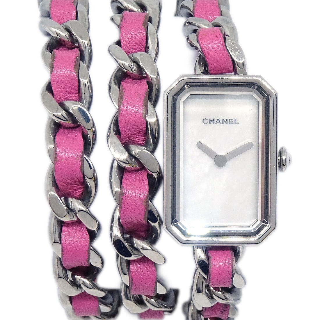 CHANEL Premiere H4557 women's quartz wristwatch in stainless steel: CHANEL Premiere H4557 women's quartz wristwatch in stainless steel Chanel Premiere Rock Pop quartz watch with a silver-tone stainless steel case, white analog dial, and silver and pink band. Swiss mad