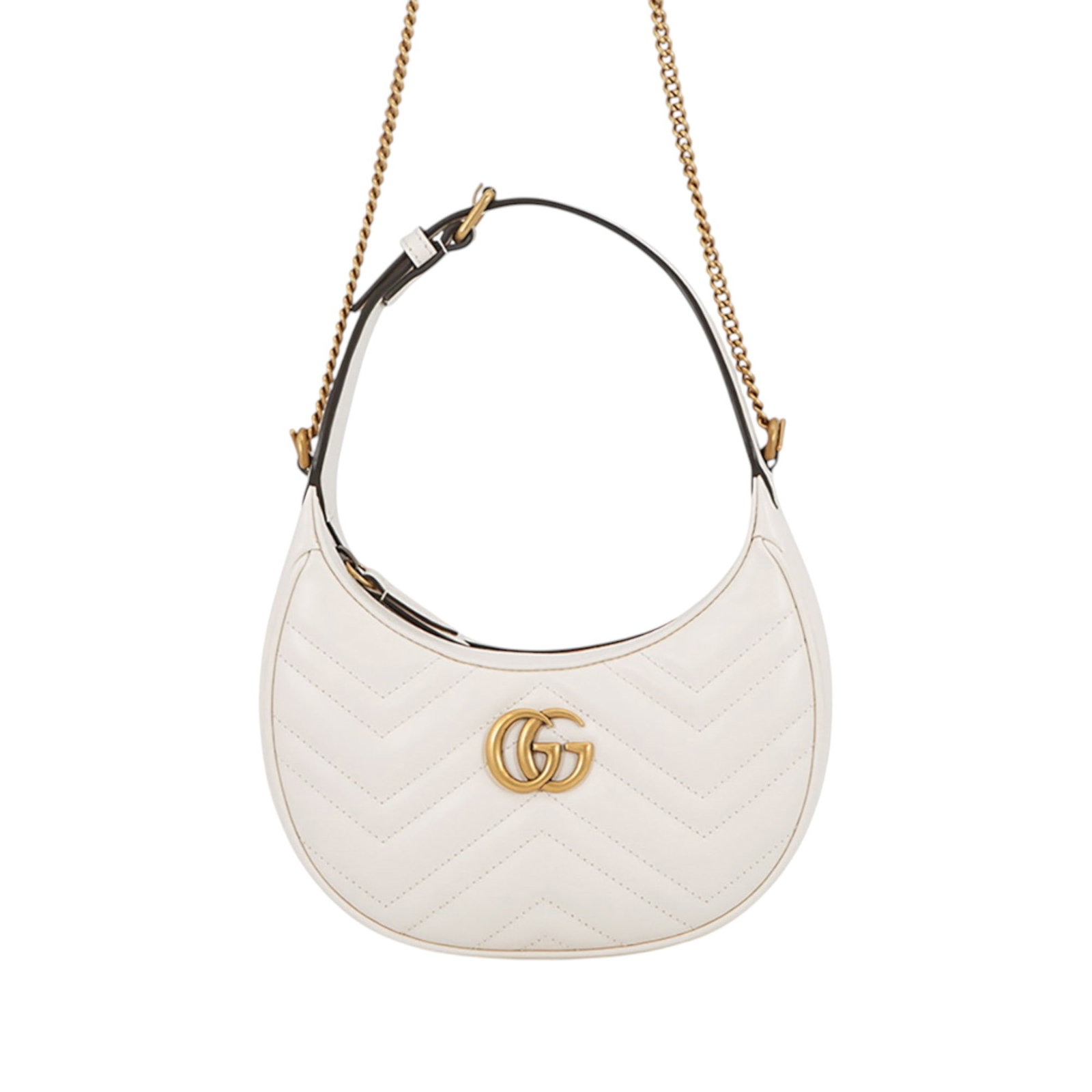 Gucci GG Marmont Mini Half Moon Matelasse Leather Bag: Gucci GG Marmont Mini Half Moon Matelasse Leather Bag Gucci Mini GG Marmont Matelasse Calfskin Half Moon Bag in white quilted leather. This bag features a flat leather handle, a detachable chain link 