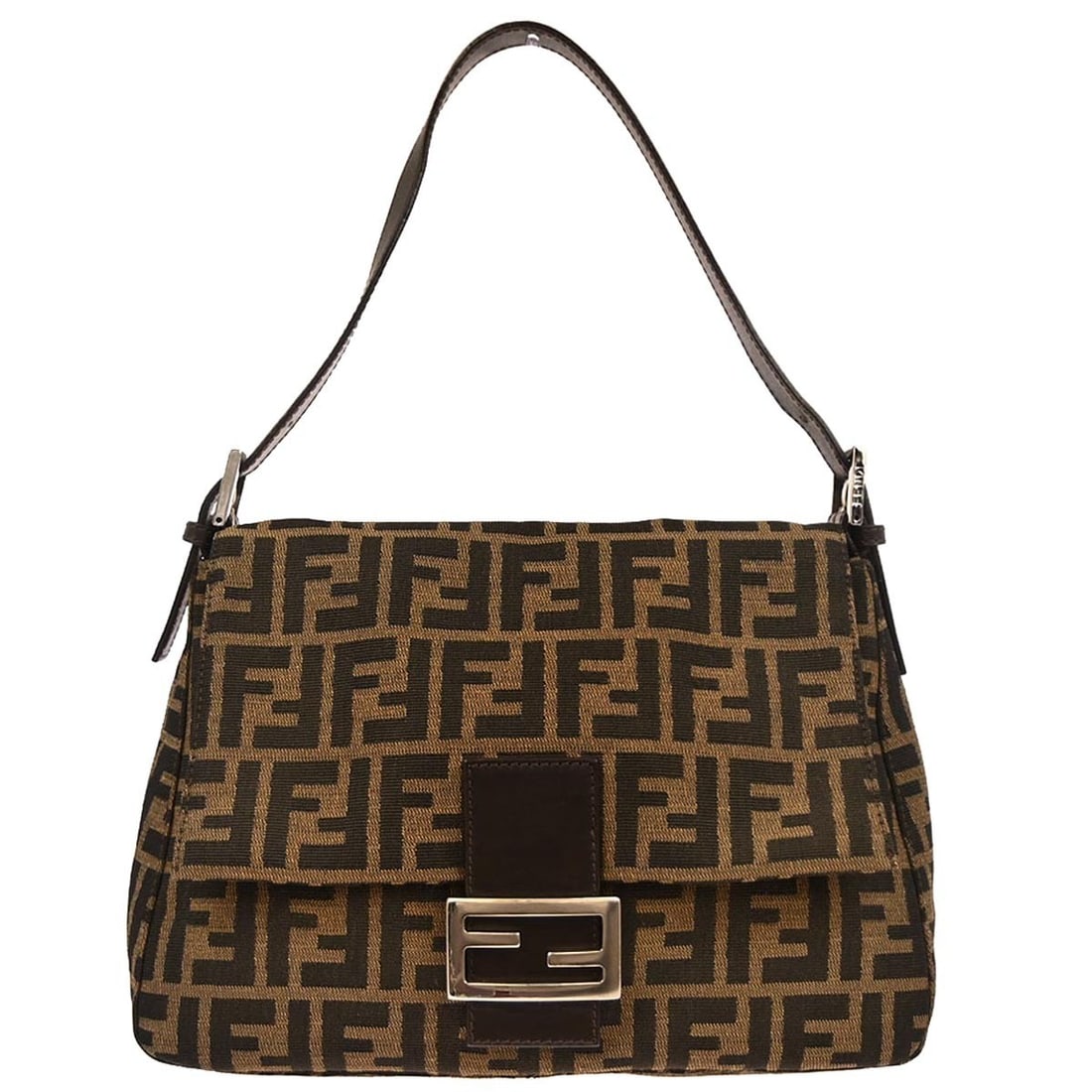 Fendi Mamma Baguette Brown Zucca Canvas Shoulder Bag: Fendi Mamma Baguette Brown Zucca Canvas Shoulder Bag Fendi Mamma Baguette handbag in brown Zucca canvas with leather trim and silver-tone hardware. This medium shoulder bag features a magnetic closure