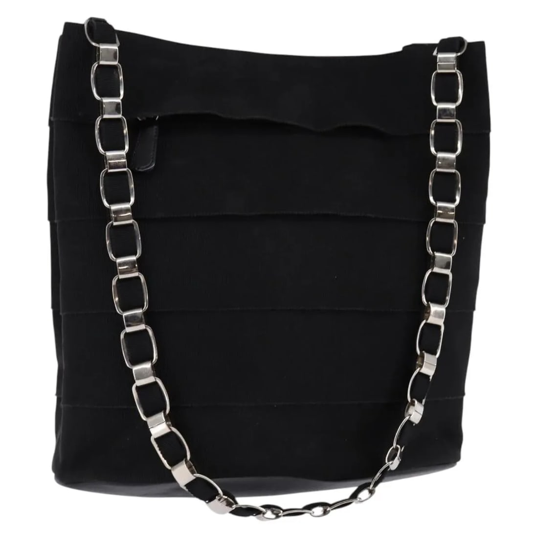 Salvatore Ferragamo Vala black canvas chain shoulder bag: Salvatore Ferragamo Vala black canvas chain shoulder bag This pre-owned Salvatore Ferragamo Vala shoulder bag for women features a black canvas exterior with a chain shoulder strap. The bag shows sign