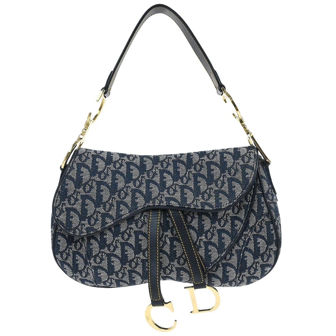 Dior Trotter Double Saddle Shoulder Bag Navy Canvas Leather (1 of 10)