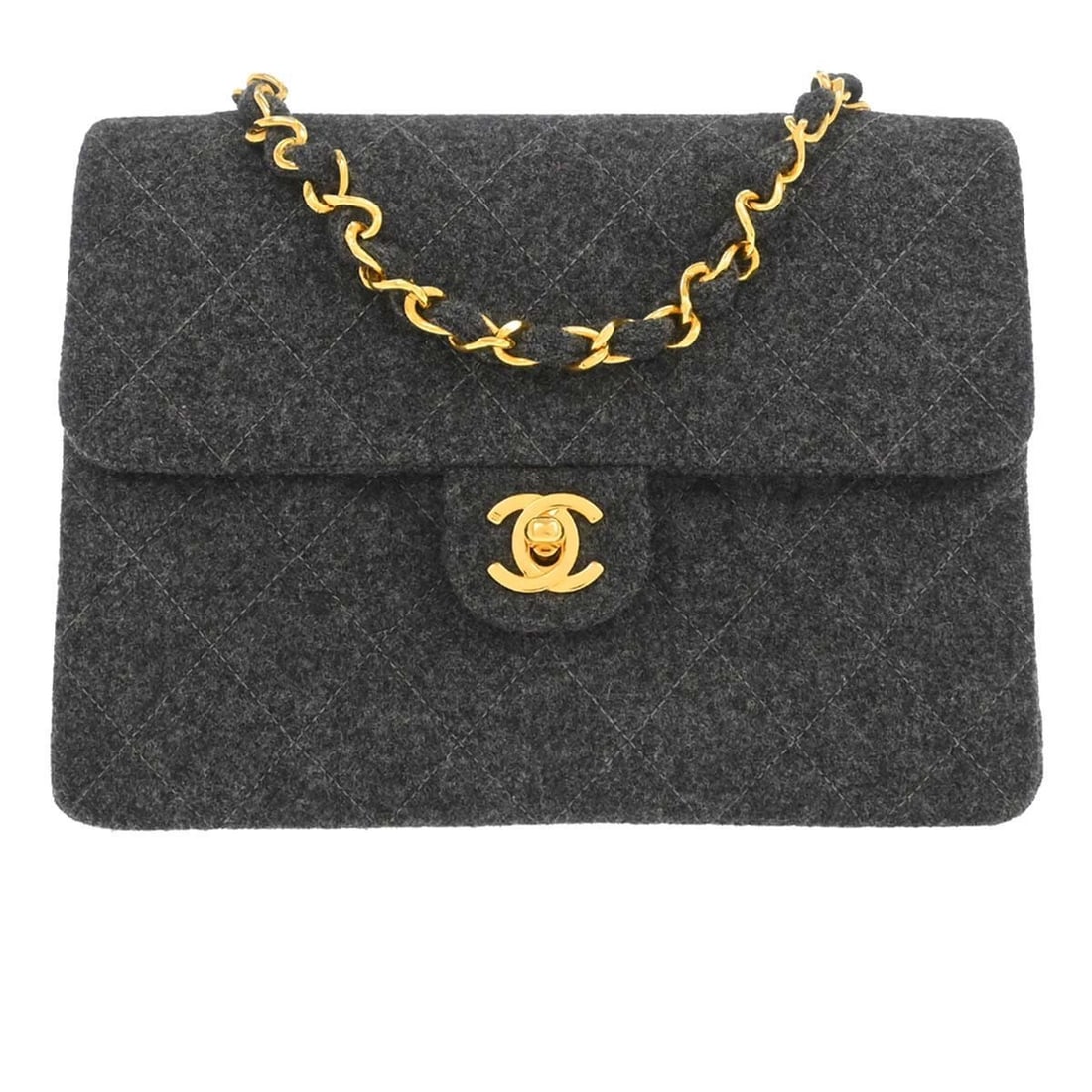 CHANEL Classic Flap Square Shoulder Bag Gray Wool Chain Strap: CHANEL Classic Flap Square Shoulder Bag Gray Wool Chain Strap Chanel Classic Flap Square shoulder bag in gray wool with a matelasse quilted exterior and leather lining. This small bag features a flap 