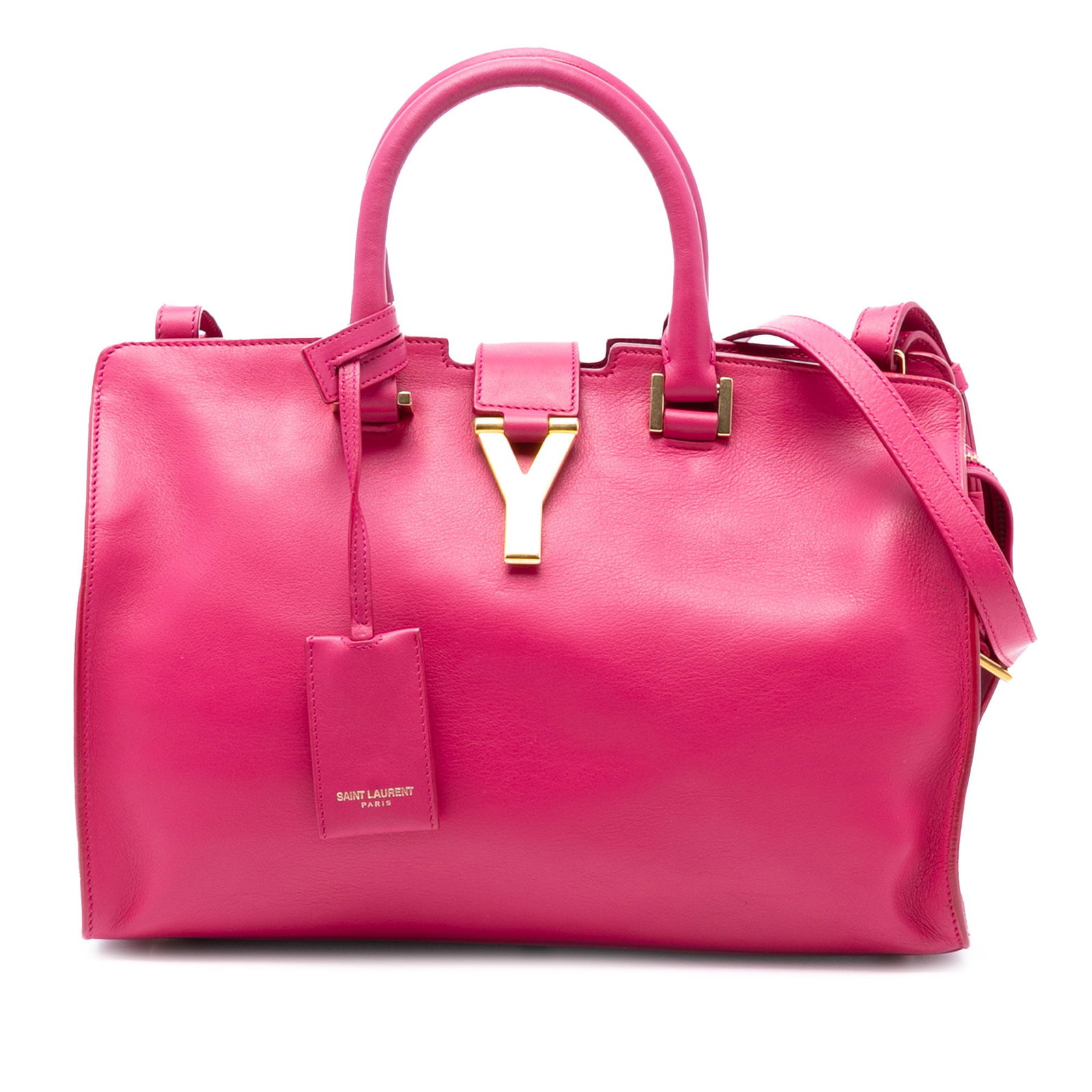 Saint Laurent Cabas Chyc Small Pink Leather Satchel with Detachable Strap: Saint Laurent Cabas Chyc Small Pink Leather Satchel with Detachable Strap This Saint Laurent Small Calfskin Cabas Chyc Satchel features a pink leather body with rolled leather handles and a detachable