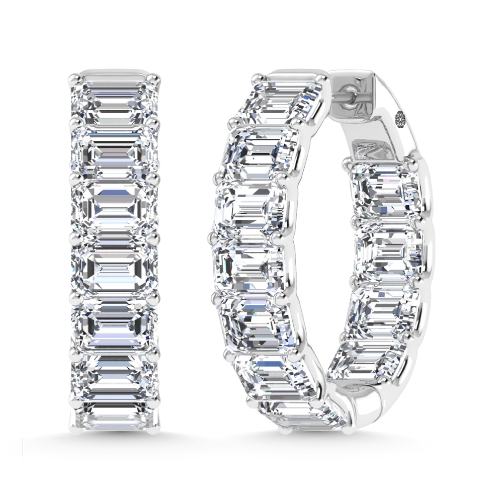 14K White Gold 11 Ct.Tw. Lab Grown Diamond Horizontal Emerald Shape In and Our Hoop Earrings: 14K White Gold 11 Ct.Tw. Lab Grown Diamond Horizontal Emerald Shape In and Our Hoop Earrings Luxurious 14K white gold hoops with 11 Ct.Tw. lab-grown diamonds in horizontal emerald shape. 14k White Gol