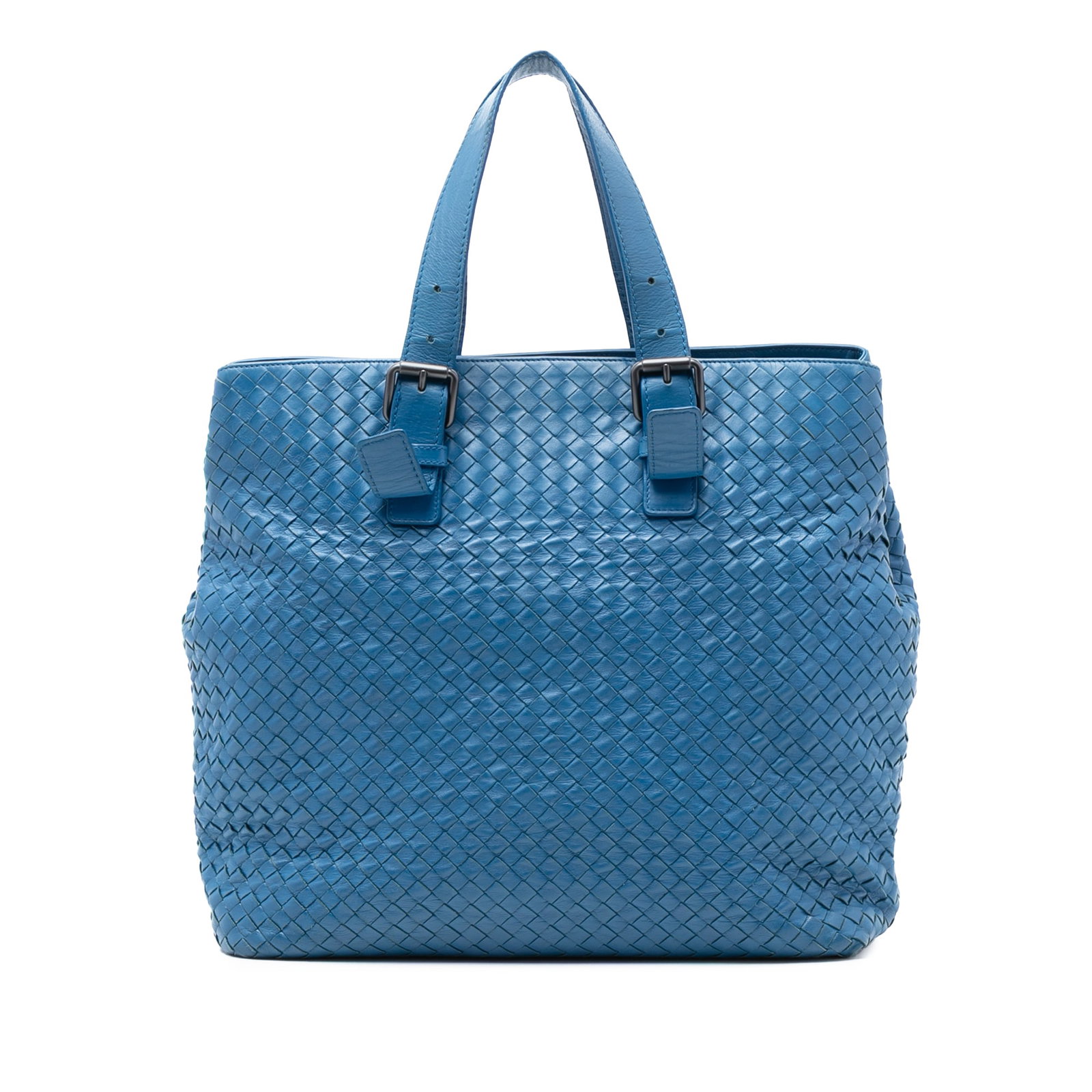 Blue Nappa Leather Tote with Intrecciato Weave and Adjustable Handles: Blue Nappa Leather Tote with Intrecciato Weave and Adjustable Handles This Bottega Veneta Nappa Intrecciato Belted Tote features a woven leather body in blue, adjustable flat leather handles, an open 