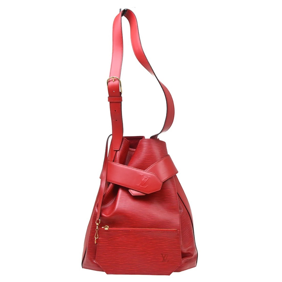 Louis Vuitton Sac Depaule GM Epi Leather Shoulder Bag with Pouch M80197: Louis Vuitton Sac Depaule GM Epi Leather Shoulder Bag with Pouch M80197 Vintage Louis Vuitton Sac Depaule GM shoulder bag in red Epi leather with a snap closure, logo accent, and shoulder strap. This 
