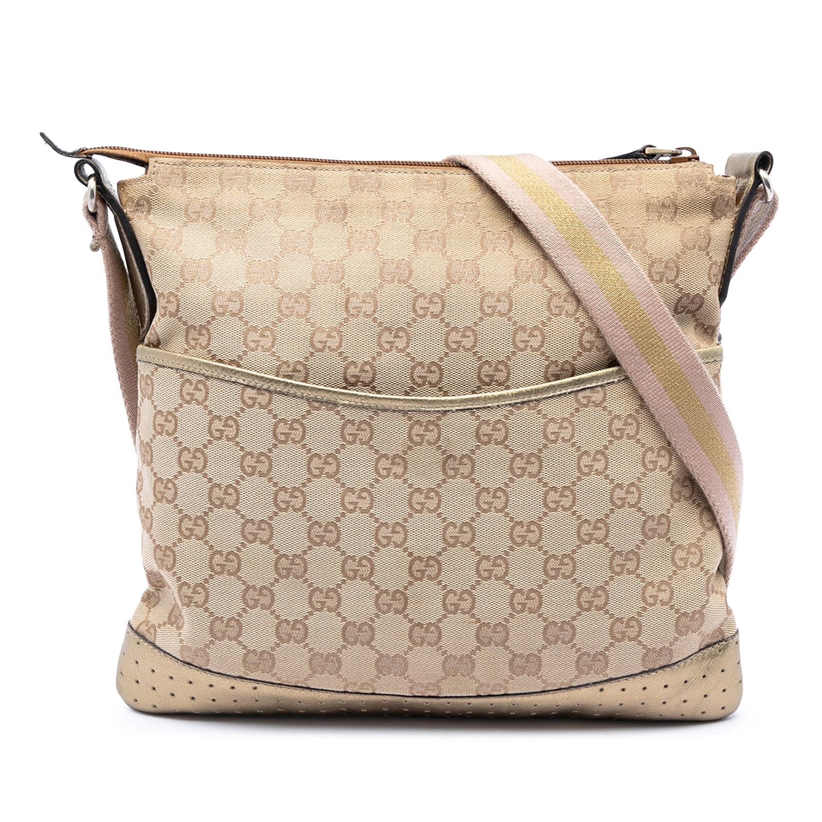 Gucci GG Canvas Web Beige Crossbody Bag: Gucci GG Canvas Web Beige Crossbody Bag This Gucci GG Canvas Web Crossbody bag features a beige canvas body with leather trim, an adjustable flat strap, a top zip closure, an exterior front slip pocke