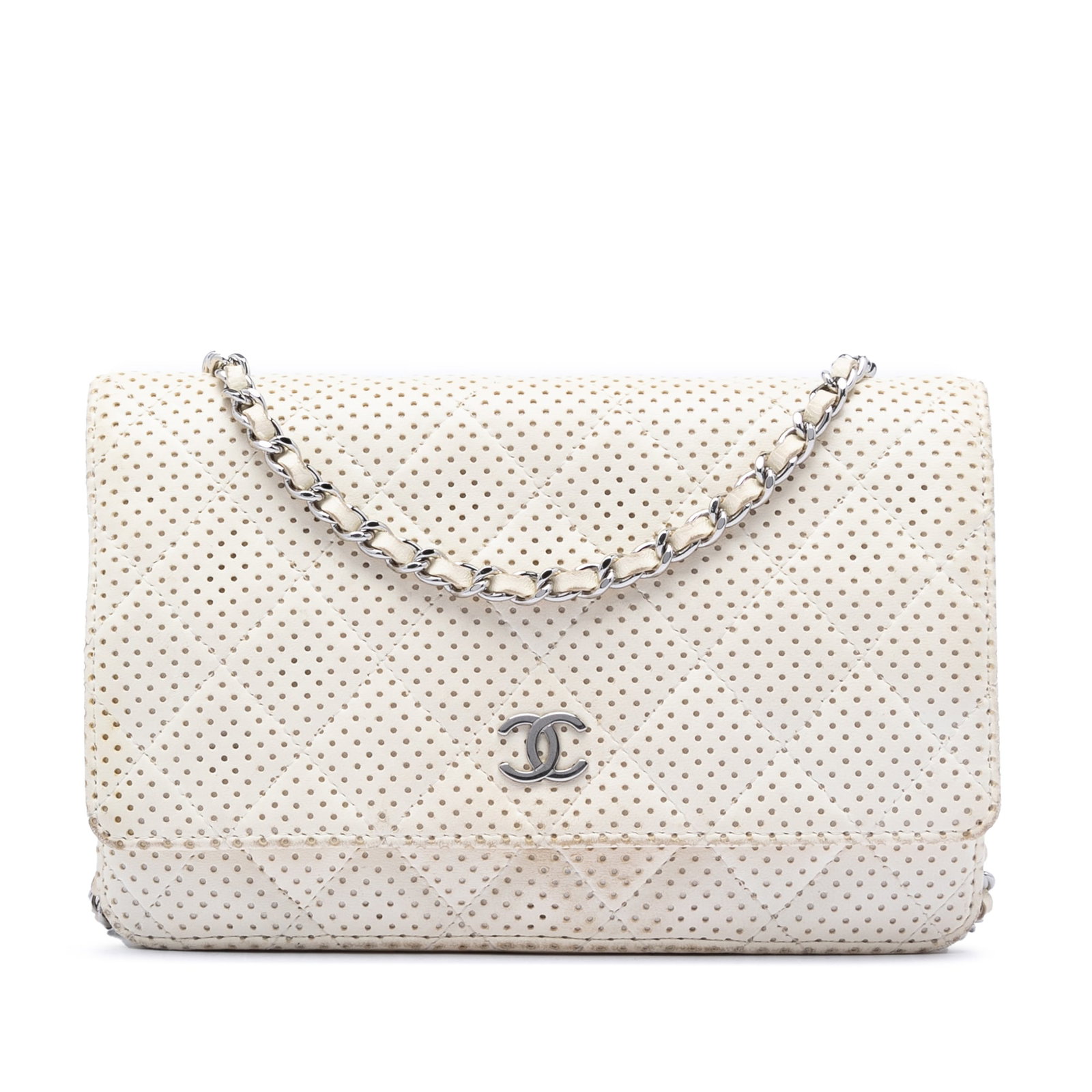 Chanel Wallet On Chain CC Quilted Perforated Lambskin White: Chanel Wallet On Chain CC Quilted Perforated Lambskin White This Chanel wallet on chain is crafted in white quilted perforated lambskin leather and features a leather-woven chain link strap, a front f