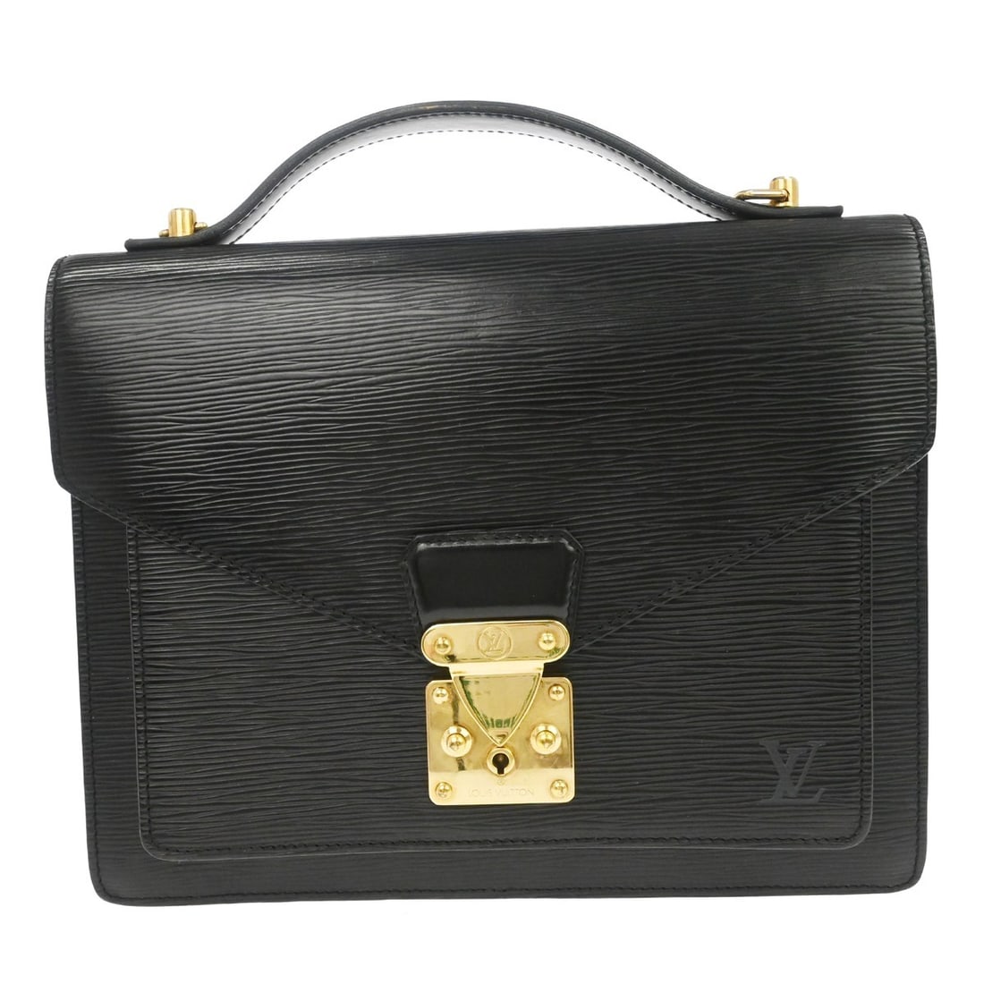 Louis Vuitton Monceau 28 Black Epi Leather Satchel M52122: Louis Vuitton Monceau 28 Black Epi Leather Satchel M52122 Louis Vuitton Monceau 28 satchel in black Epi leather with a flap lock closure, double handles, and interior pockets. This medium 2-way handba