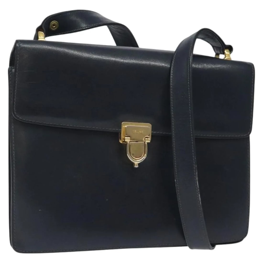Celine Vintage Navy Leather Shoulder Bag 23cm x 18cm x 3cm: Celine Vintage Navy Leather Shoulder Bag 23cm x 18cm x 3cm Vintage Celine leather bag in navy with a slim profile and classic styling. Made in Italy, this pre-owned piece is in good vintage condition 