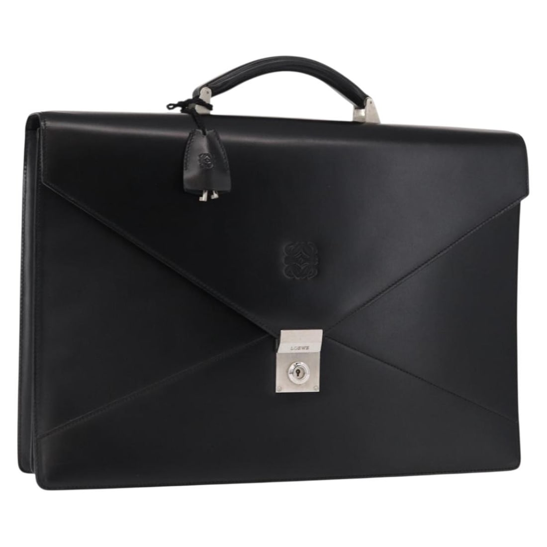 LOEWE Anagram Black Leather Briefcase with Keys and Clochette: LOEWE Anagram Black Leather Briefcase with Keys and Clochette Authentic LOEWE Anagram business bag in black leather. This women's bag includes two keys and a clochette. Made in Spain, it shows reasona