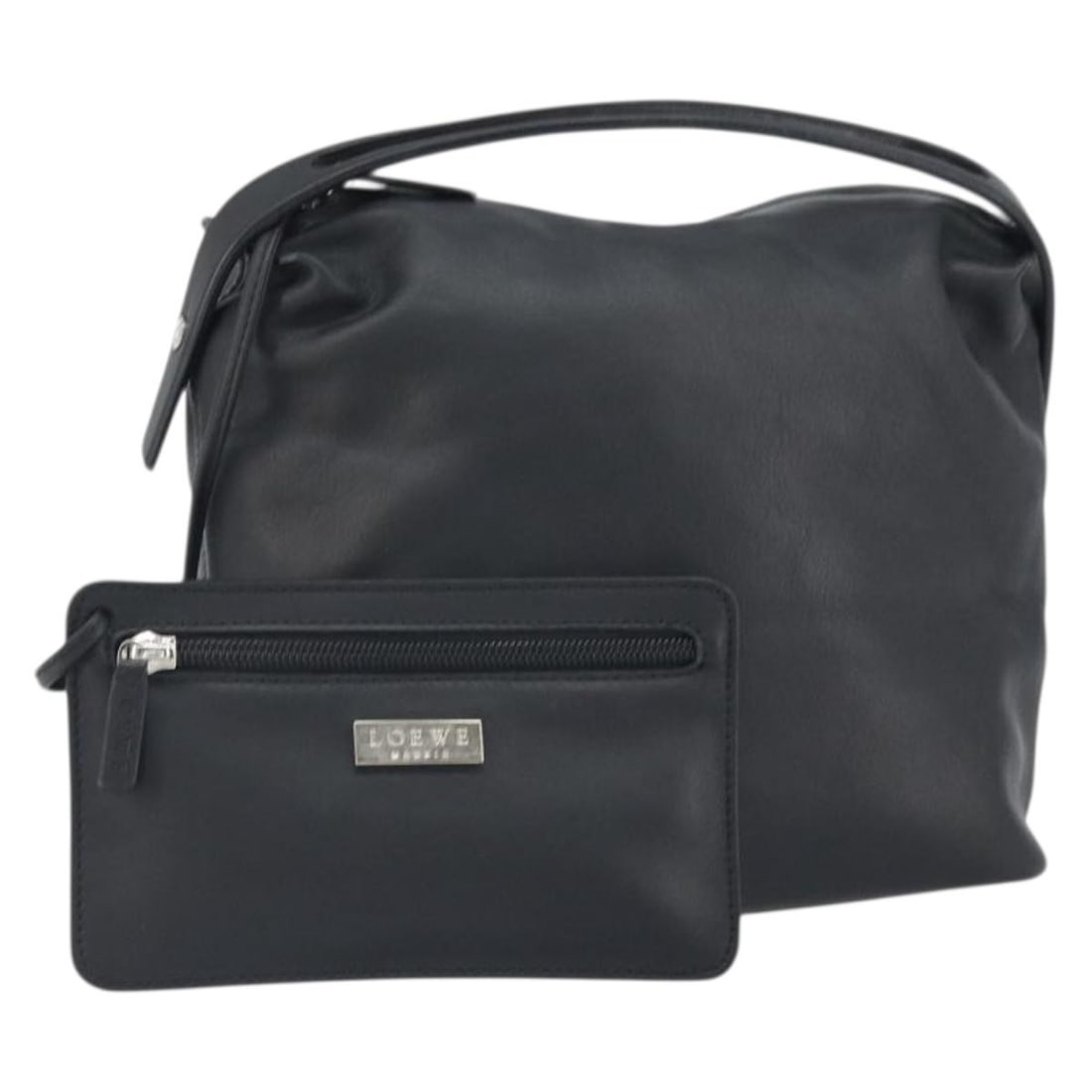 Loewe Black and Silver Leather Handbag with Pouch: Loewe Black and Silver Leather Handbag with Pouch This LOEWE hand bag features black leather with silver accents, crafted in Spain. The bag is designed with a compact shape and includes a matching pou