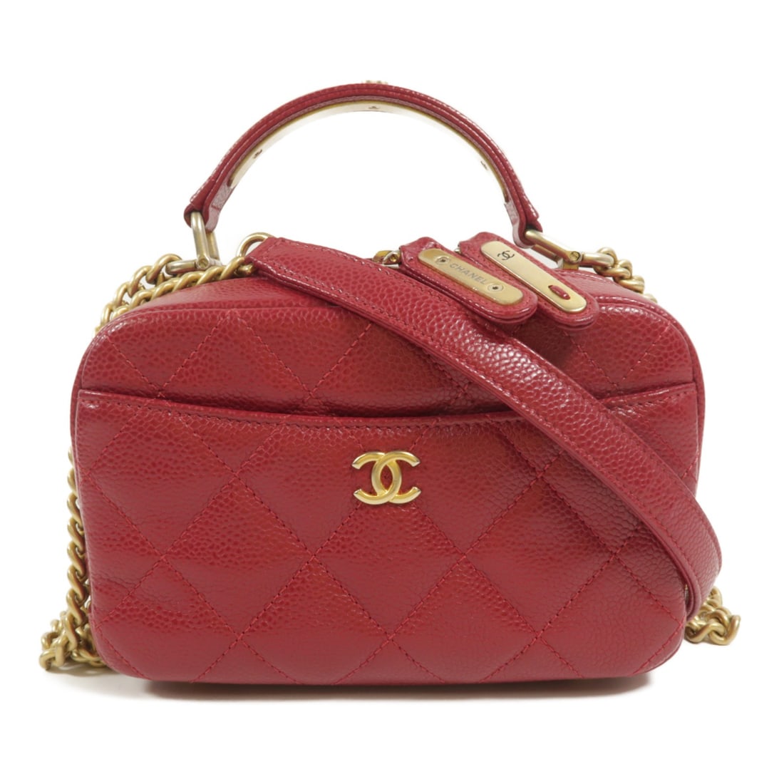 CHANEL Red Calfskin Top Handle Camera Shoulder Bag GHW: CHANEL Red Calfskin Top Handle Camera Shoulder Bag GHW This CHANEL CC top handle camera bag is crafted from luxurious red calfskin leather. Designed for versatility, it can be carried by the top handl
