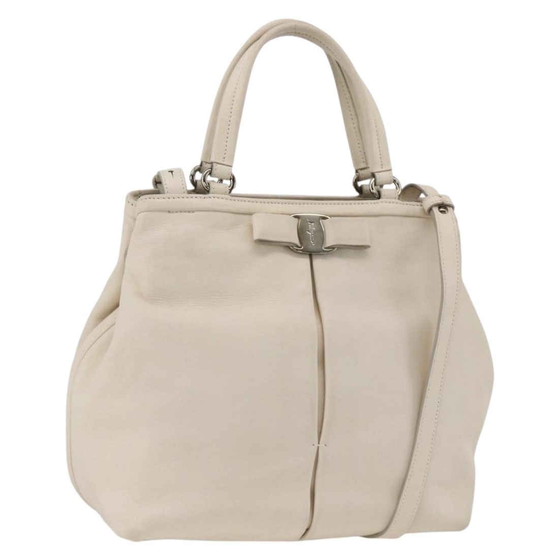 Salvatore Ferragamo White Silver Leather 2way Handbag with Shoulder Strap: Salvatore Ferragamo White Silver Leather 2way Handbag with Shoulder Strap Salvatore Ferragamo 2-way handbag in white and silver leather with top handles and a removable shoulder strap. Made in Italy, 
