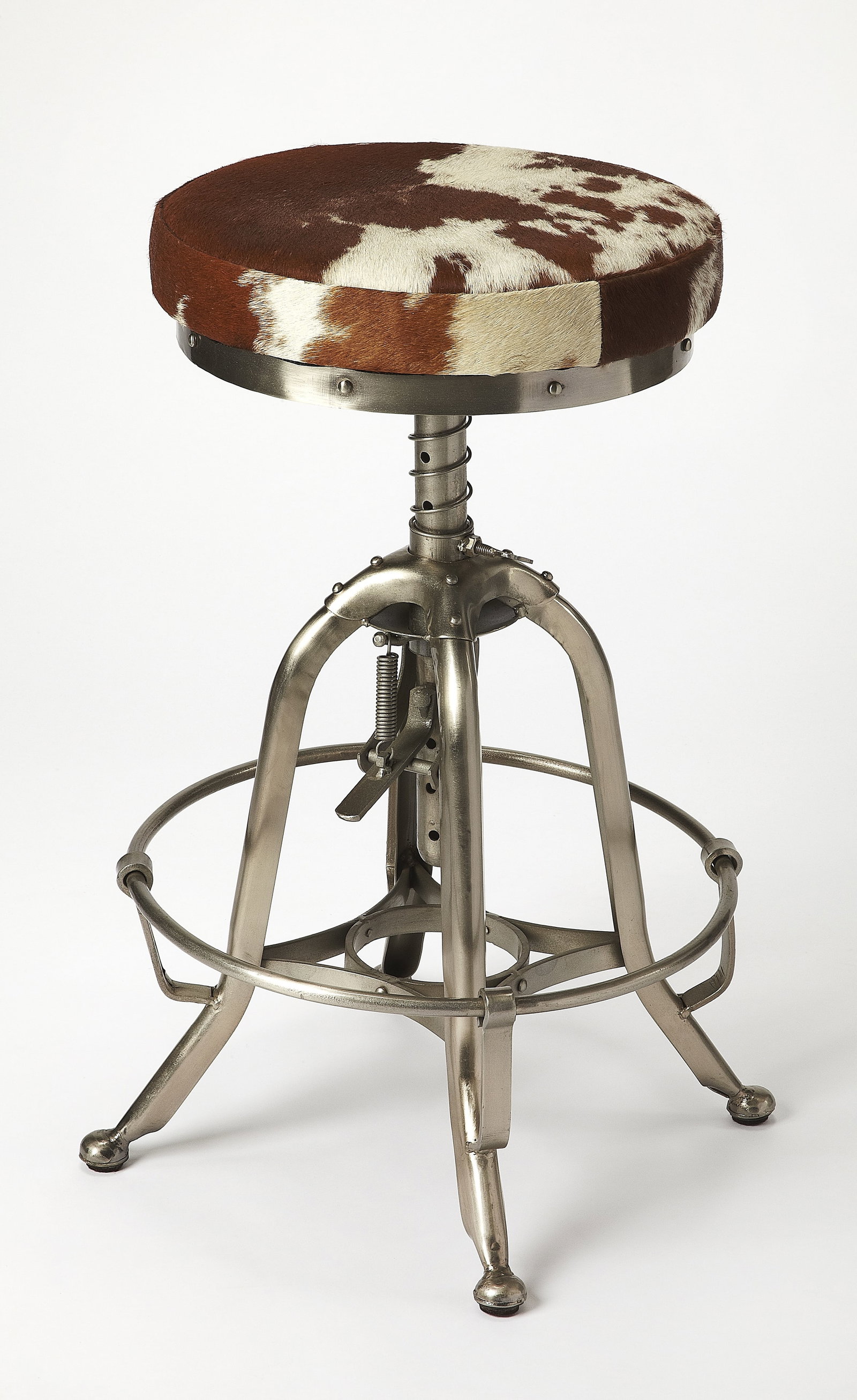 Butler Donovan Adjustable Silver Hair-On-Hide Bar Stool: Butler Donovan Adjustable Silver Hair-On-Hide Bar Stool This stylish adjustable bar stool features a unique hair-on-hide finish in a multi-color silver design, perfect for adding an industrial touch t