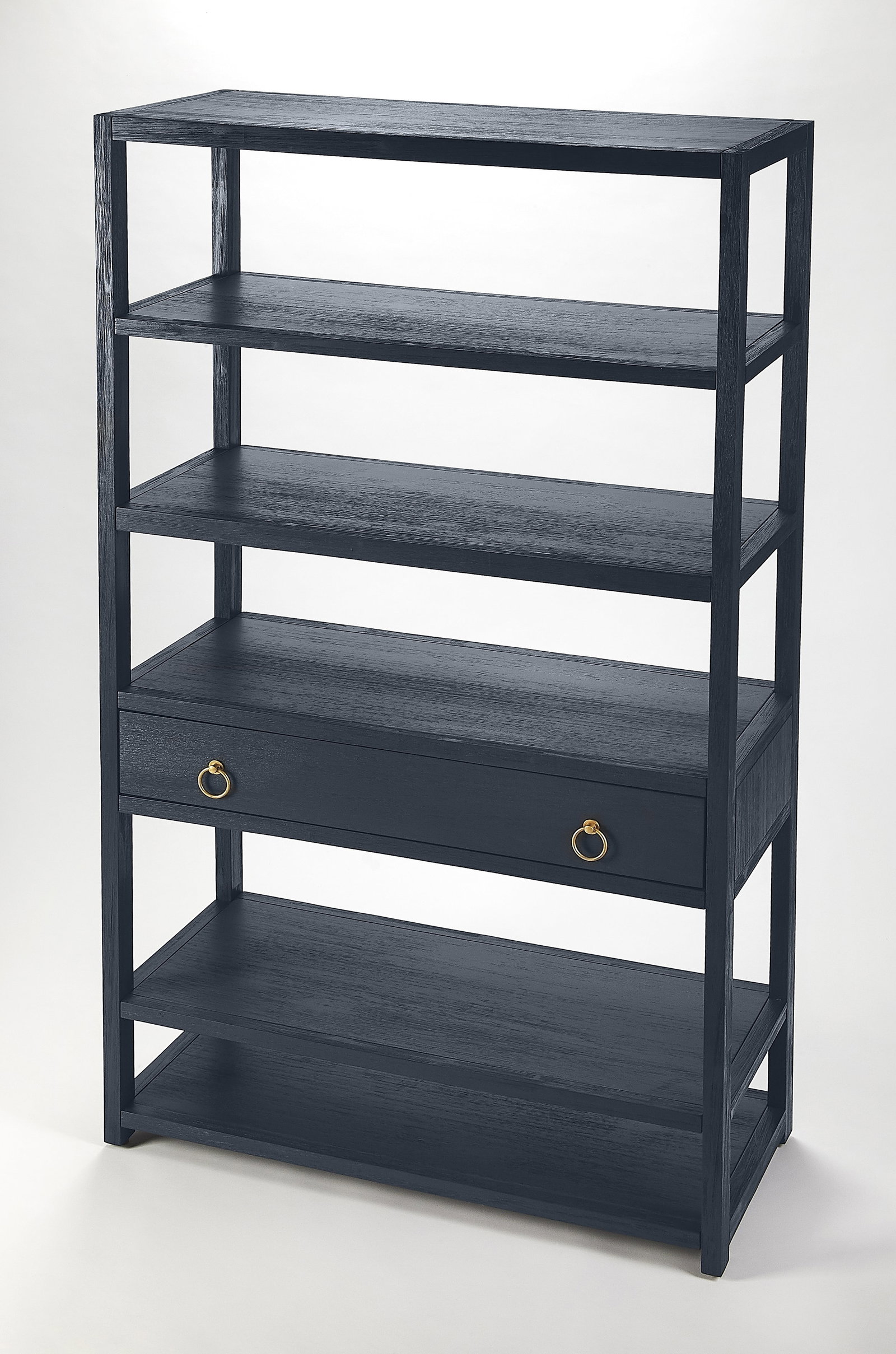Butler Navy Blue Transitional Etagere Bookcase 70H x 39W x 18D: Butler Navy Blue Transitional Etagere Bookcase 70H x 39W x 18D Discover this striking Navy Blue Transitional Etagere Bookcase, perfect for adding both style and functionality to your space. Crafted fr
