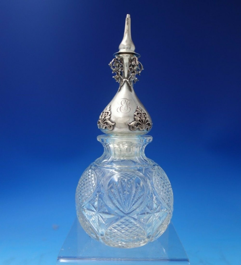 Shiebler Sterling Silver Cut Crystal Liquor Bottle c.1900 Monogrammed 9.75" Tall: Shiebler Sterling Silver Cut Crystal Liquor Bottle c.1900 Monogrammed 9.75" Tall This exquisite liquor bottle features a combination of sterling silver and cut crystal, crafted by the esteemed maker S
