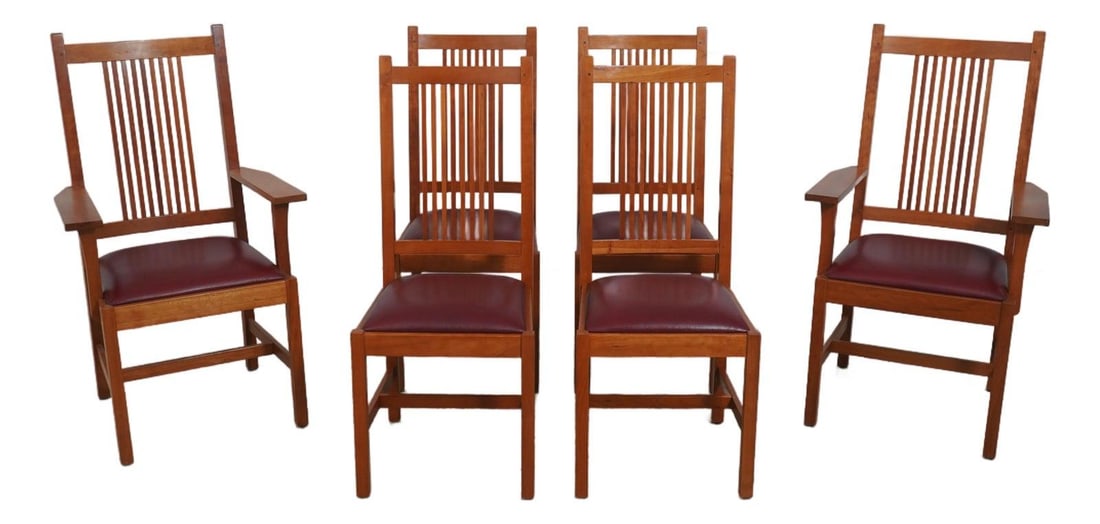 6 Stickley Mission dining chairs cherry wood leather seats Set of 6 (1 of 10)
