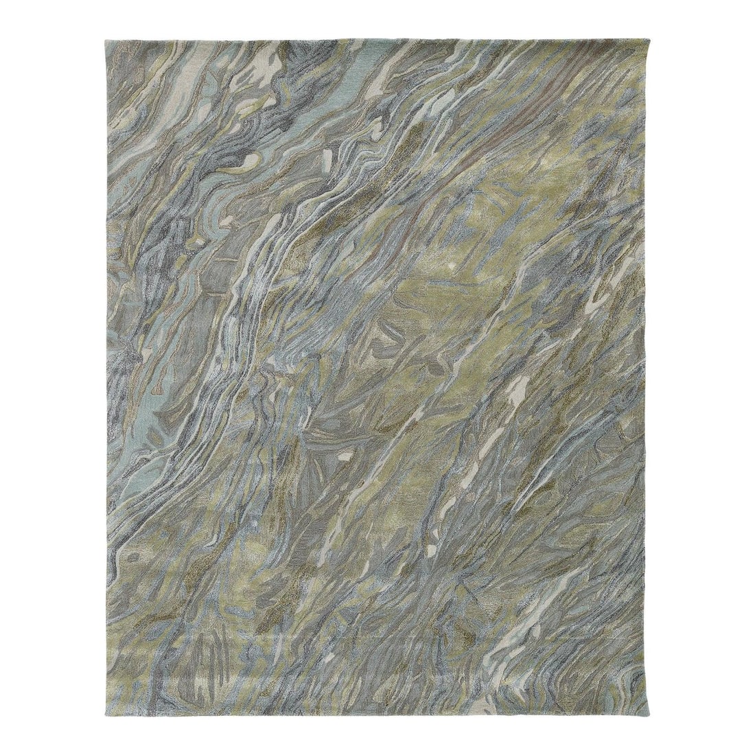 8' x 10' Hand-Tufted Wool Viscose Rug in Blue Grey Gold: 8' x 10' Hand-Tufted Wool Viscose Rug in Blue Grey Gold Modern hand-tufted rug with an organic abstract pattern inspired by natural stone veining. It features a cool blue and grey base accented with w