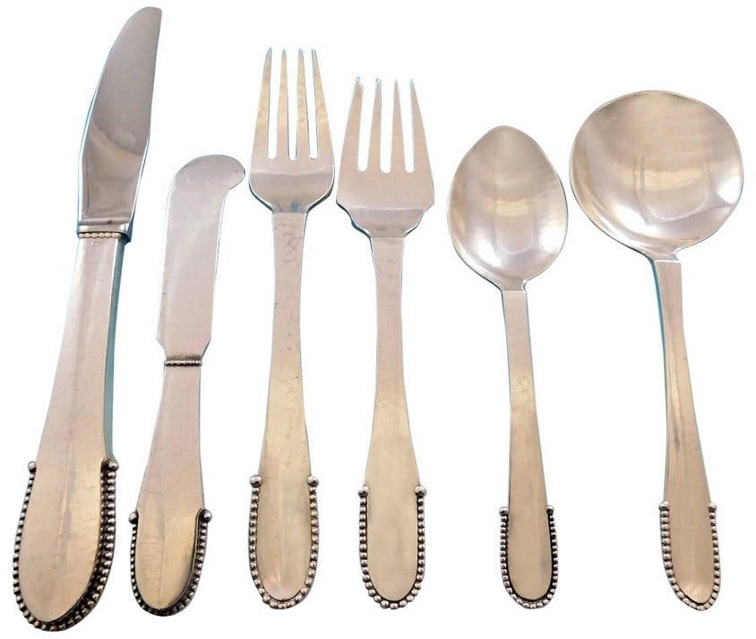 Georg Jensen Beaded Sterling Silver Flatware Set for 12 72 pcs: Georg Jensen Beaded Sterling Silver Flatware Set for 12 72 pcs Elevate your dining experience with this exquisite Beaded Flatware Set by Georg Jensen. Crafted from high-quality sterling silver, this s