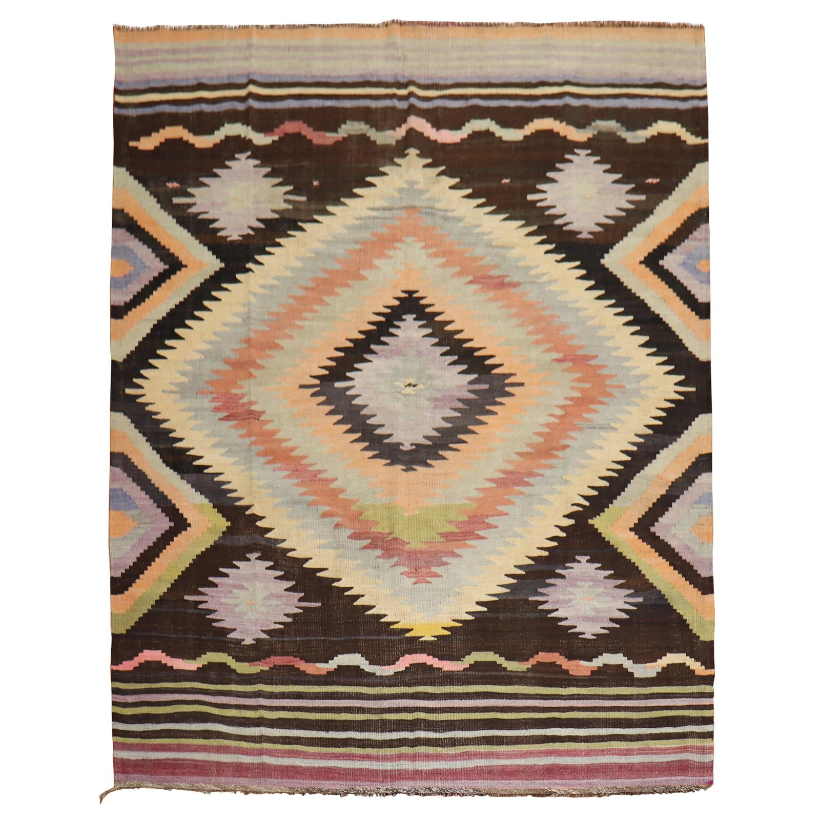Mid-20th Century Turkish Wool Kilim Rug 8'4" x 11' Archaistic Style: Mid-20th Century Turkish Wool Kilim Rug 8'4" x 11' Archaistic Style This exquisite mid-20th century Turkish Kilim features a stunning flat-weave design, showcasing an archaistic style. The rug present