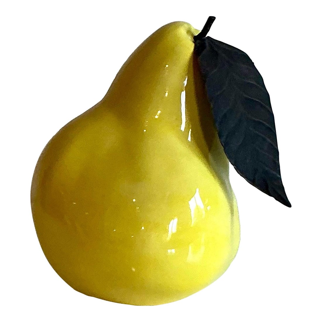 Vintage Glazed Ceramic Pear Sculpture in High-Gloss Yellow: Vintage Glazed Ceramic Pear Sculpture in High-Gloss Yellow Enhance your home decor with this striking vintage glazed ceramic monumental pear sculpture. Featuring a vibrant high-gloss yellow finish, th