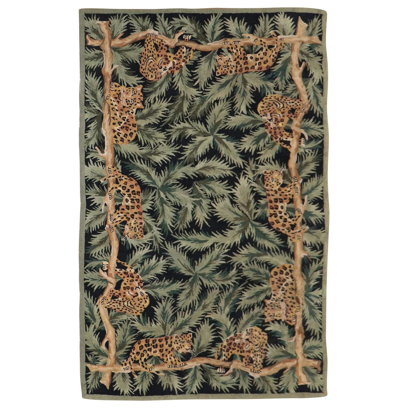 Unique Hand-Knotted Vietnamese Wool Rug with Cheetah Design 5' x 8': Unique Hand-Knotted Vietnamese Wool Rug with Cheetah Design 5' x 8' Introducing a stunning handcrafted Wild Vietnamese Cheetah Hooked Rug, featuring a unique design with 10 cheetahs amidst a lush gree
