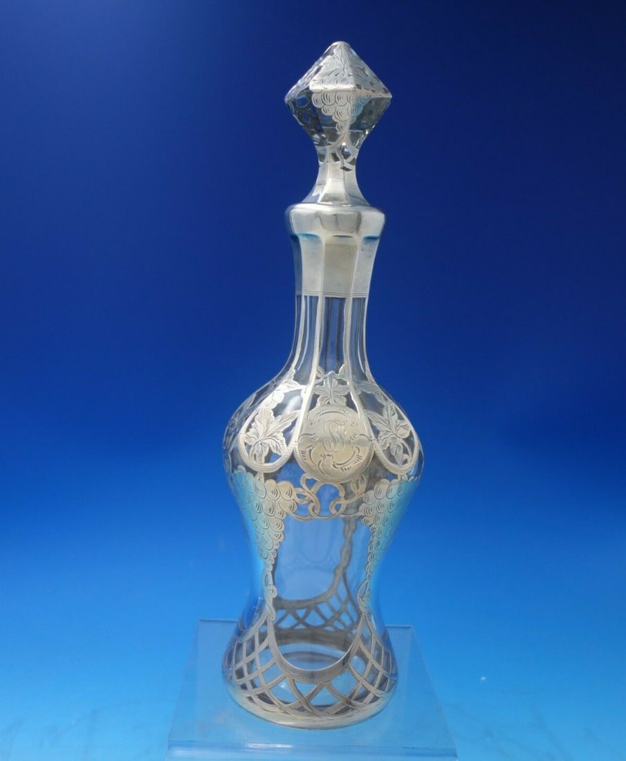 Alvin Sterling Silver Overlay Decanter Grapes Leaves 12 inches c.1900 (1 of 12)