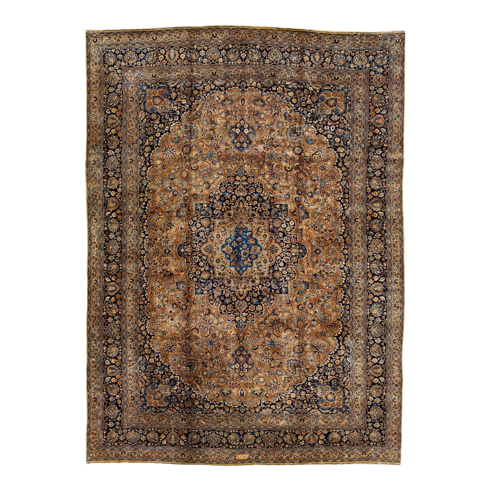 Antique Mashad Handmade Wool Rug 11'7 x 16'3 Tan Floral Design: Antique Mashad Handmade Wool Rug 11'7 x 16'3 Tan Floral Design This exquisite Antique Mashad rug showcases expert hand-knotting with a rich tan field. The design features a stunning blue frame and int
