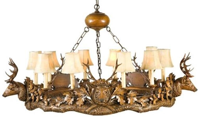 Rustic Lodge Stag Head Chandelier with Brass Finish and 10 Bulbs: Rustic Lodge Stag Head Chandelier with Brass Finish and 10 Bulbs This item is made at time of order. Please allow 42 to 70 days for production. Illuminate your space with the Rustic Lodge Stag Head Ca