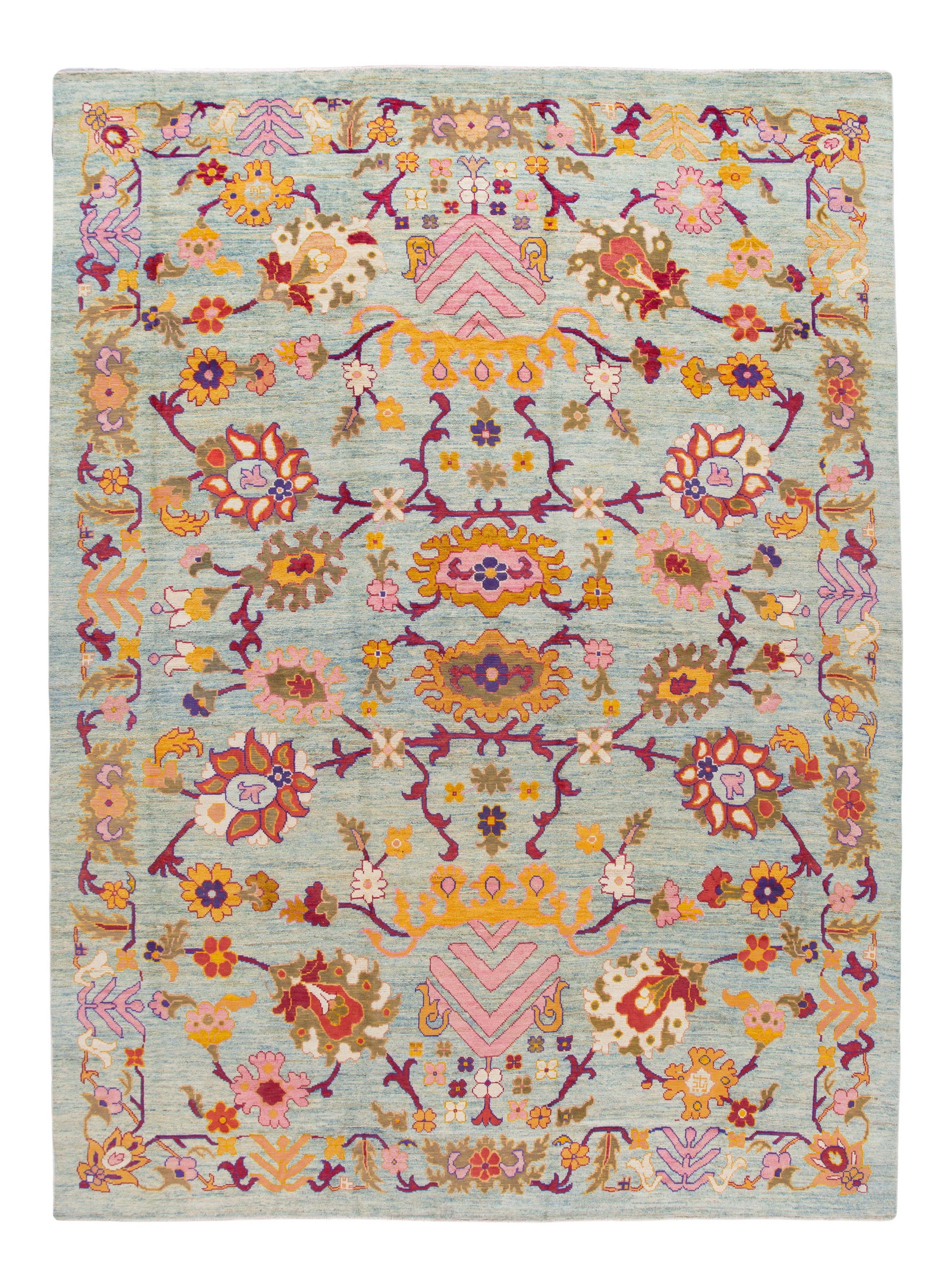 Oversize Handmade Wool Oushak Rug with Colorful Floral Design 12' x 16'3: Oversize Handmade Wool Oushak Rug with Colorful Floral Design 12' x 16'3 This stunning oversized Oushak rug features a vibrant blue field adorned with a beautiful multi-color botanical floral design. 