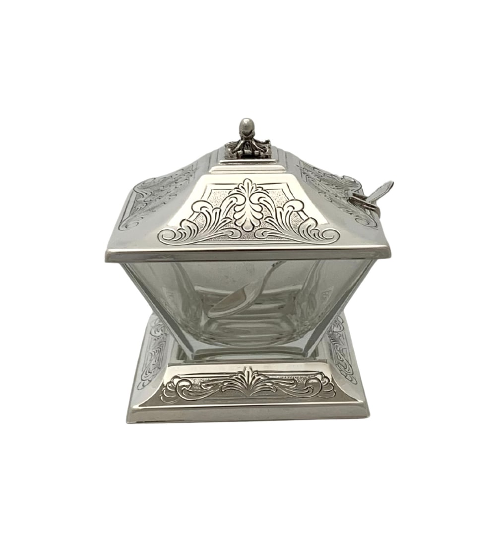 Handmade 925 Sterling Silver Glass Honey Dish Tray Set: Handmade 925 Sterling Silver Glass Honey Dish Tray Set This exquisite handmade honey dish and tray set combines fine 925 sterling silver with glass, showcasing intricate chased swirl designs that crea
