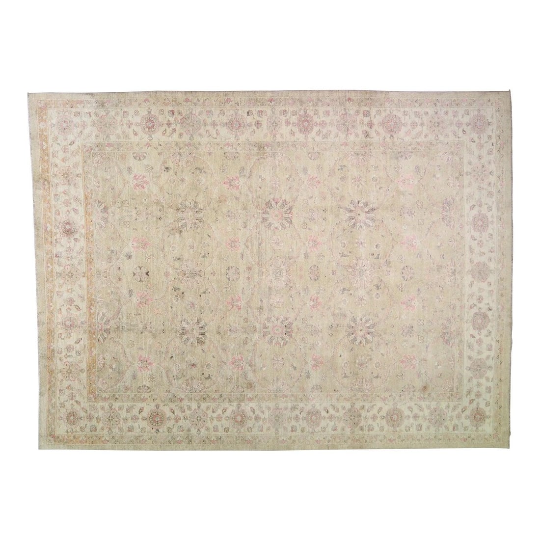 Light Green Wool Turkish Oushak Area Rug 9' x 11'10" Hand Knotted 1980s: Light Green Wool Turkish Oushak Area Rug 9' x 11'10" Hand Knotted 1980s This Turkish Oushak hand-knotted rug from the 1980s features a soft texture and natural colors, offering a contemporary style. T