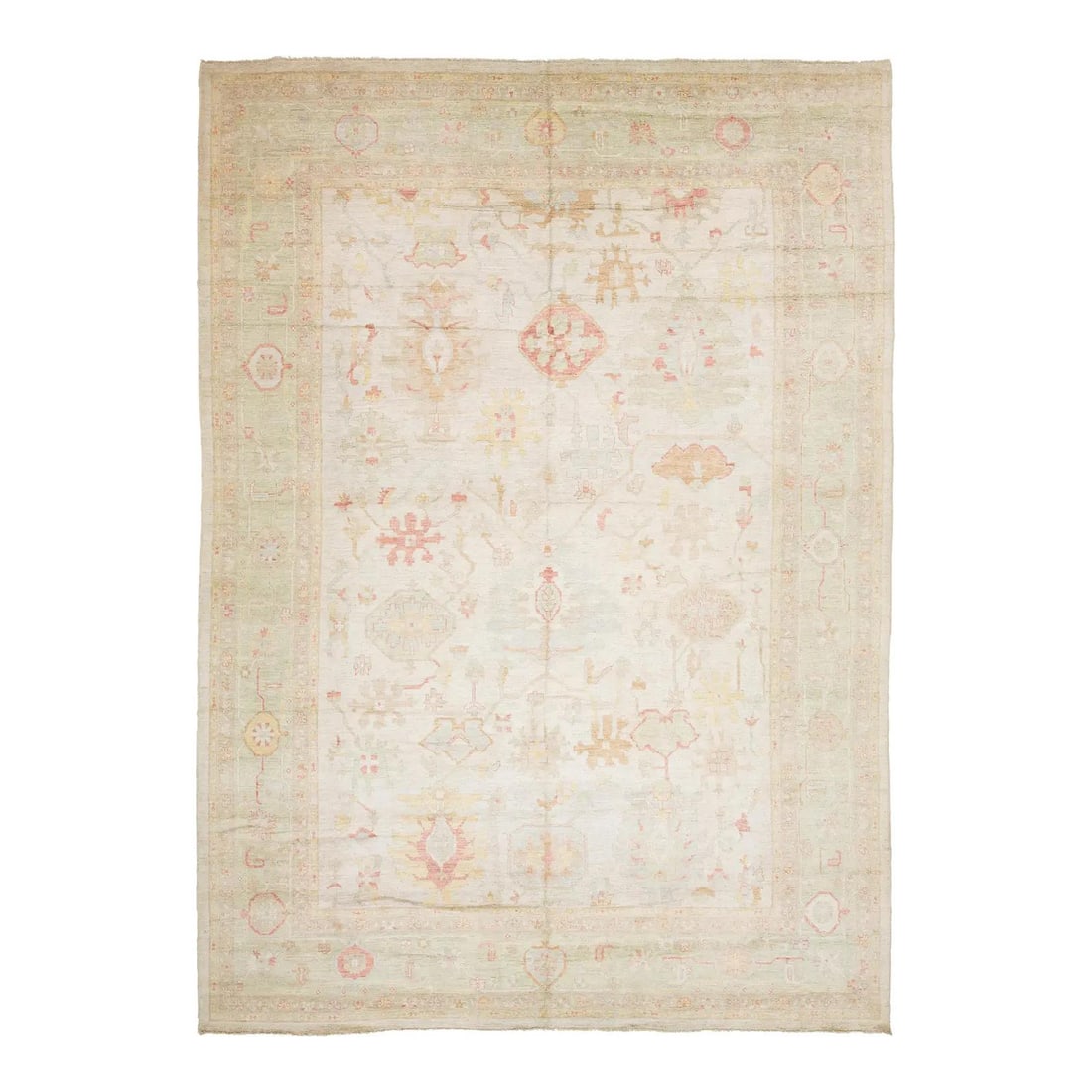 14 x 19 Hand Knotted Wool Oushak Style Area Rug: 14 x 19 Hand Knotted Wool Oushak Style Area Rug This oversized modern Oushak style rug skillfully blends traditional Turkish design elements with a contemporary, ethereal color palette. Hand-knotted f