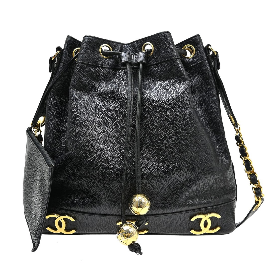 CHANEL Triple CC Caviar Leather Drawstring Shoulder Bag Black: CHANEL Triple CC Caviar Leather Drawstring Shoulder Bag Black Chanel Triple CC drawstring shoulder bag in black caviar skin leather. This medium shoulder bag features a drawstring closure and shoulder