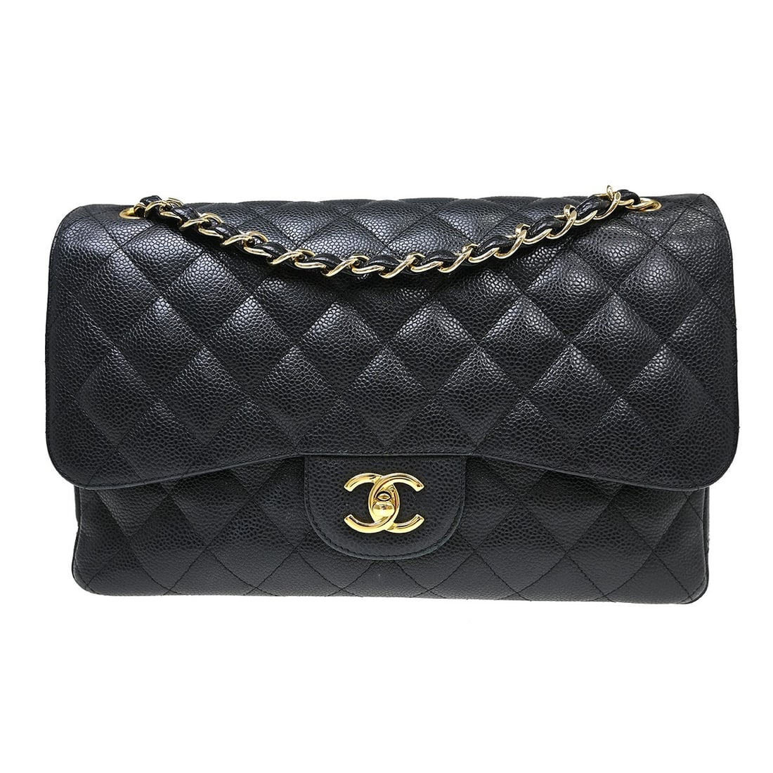 CHANEL Classic Double Flap Jumbo Shoulder Bag Black Caviar Leather: CHANEL Classic Double Flap Jumbo Shoulder Bag Black Caviar Leather Chanel Jumbo Classic Double Flap shoulder bag in black caviar skin leather with a turn-lock closure and shoulder strap. This large wo