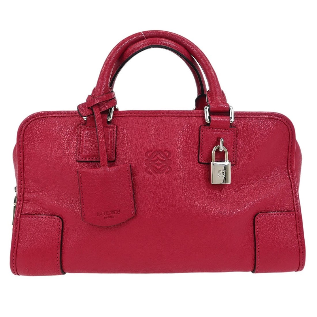 Loewe Amazona 28 Pink Leather Top Handle Bag with Padlock: Loewe Amazona 28 Pink Leather Top Handle Bag with Padlock Loewe Amazona 28 top handle handbag in pink leather with double handles, zip closure, and inner pockets. Made in Spain, this medium-sized bag 