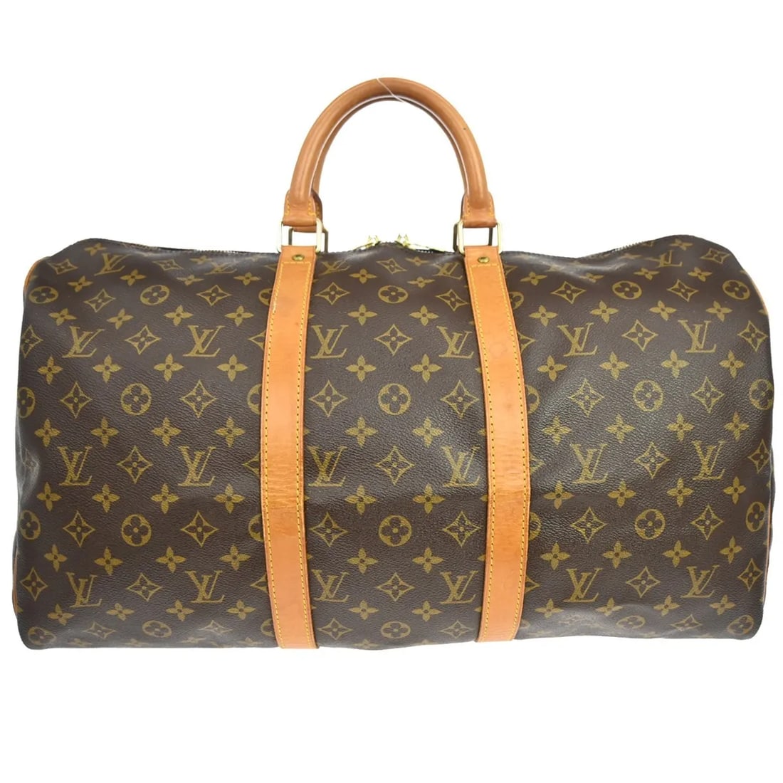Louis Vuitton Keepall Monogram Canvas Travel Bag 50cm: Louis Vuitton Keepall Monogram Canvas Travel Bag 50cm This Louis Vuitton Keepall Bag features the iconic monogram canvas in brown and is designed for unisex use. The bag shows visible signs of wear, i