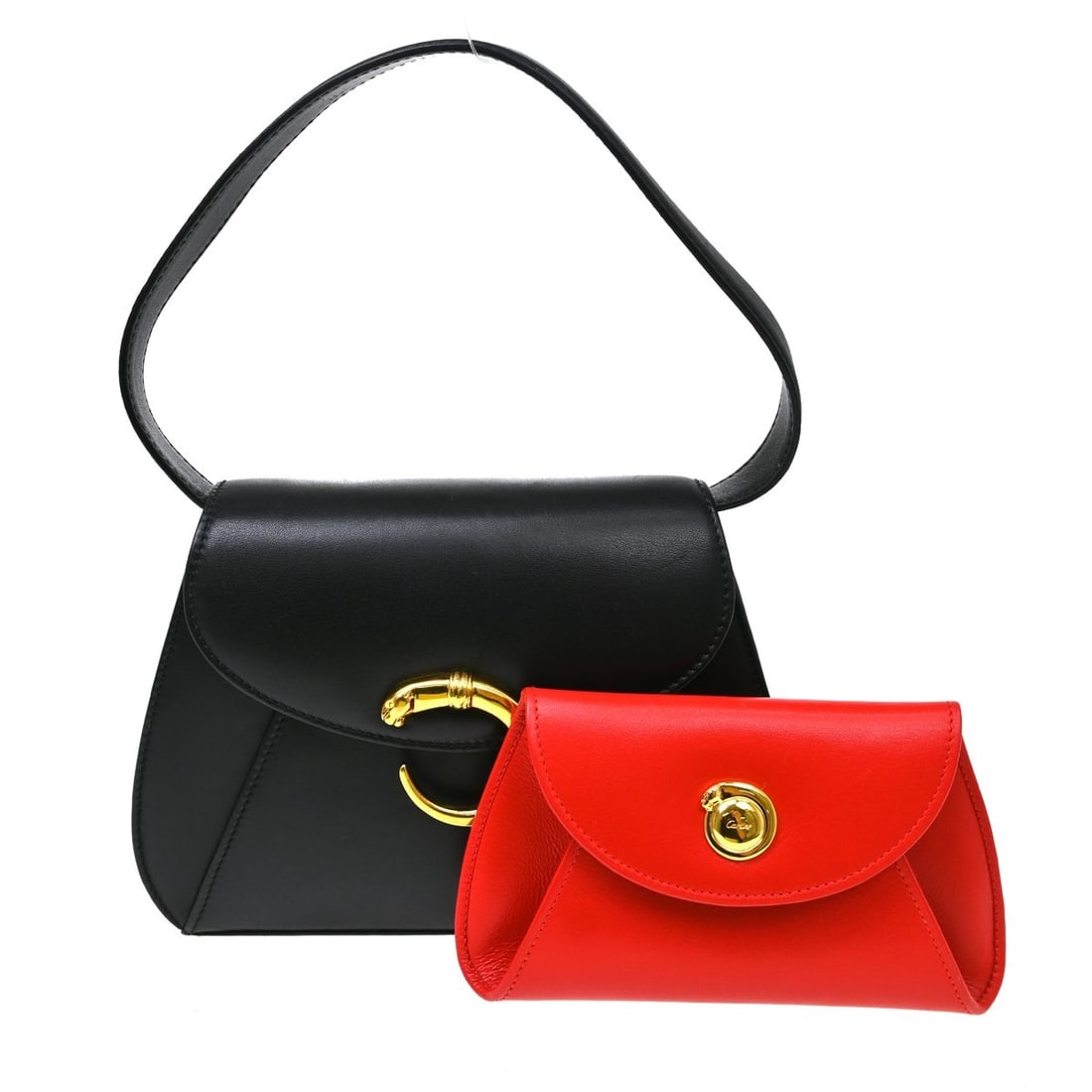 Cartier Panthere medium black leather top handle bag: Cartier Panthere medium black leather top handle bag Vintage Cartier Panthere top handle handbag in black leather with a black lining. This medium bag features pockets and comes with an authenticity c