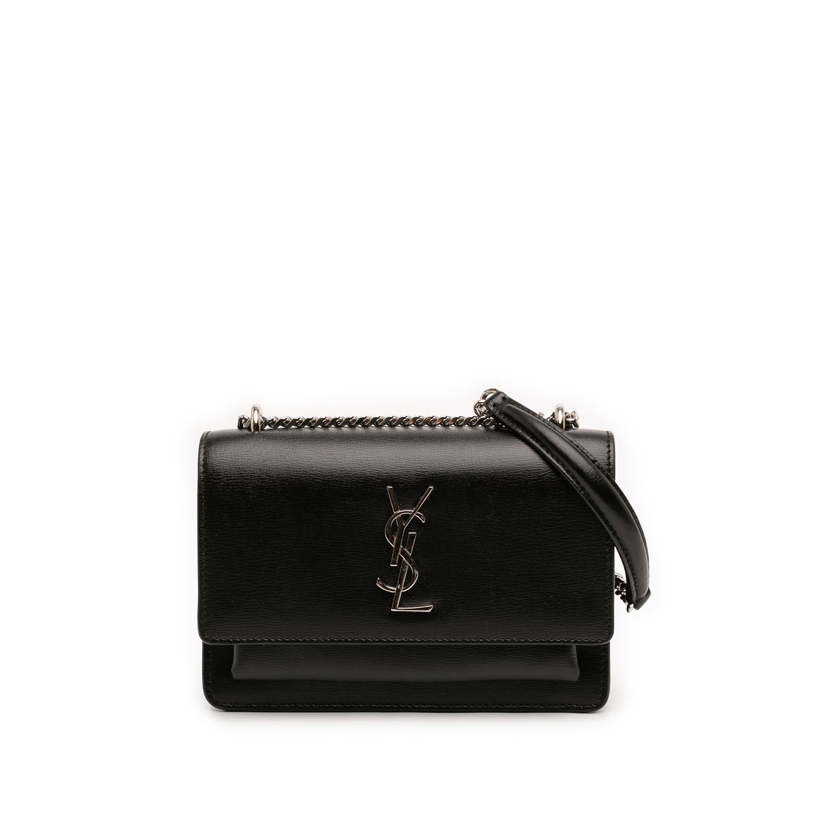 Saint Laurent Sunset Wallet on Chain Mini Black Leather: Saint Laurent Sunset Wallet on Chain Mini Black Leather Saint Laurent Mini Leather Monogram Sunset Wallet on Chain in black leather. This compact bag features a chain-link strap with leather guard, a 