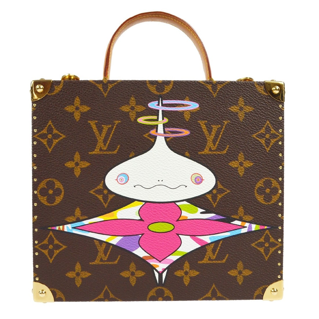 Louis Vuitton M92476 top handle jewelry case bag Monogram canvas: Louis Vuitton M92476 top handle jewelry case bag Monogram canvas Louis Vuitton Onion Head Takashi Murakami jewelry box handbag in brown Monogram canvas with leather trim. This top handle design featur