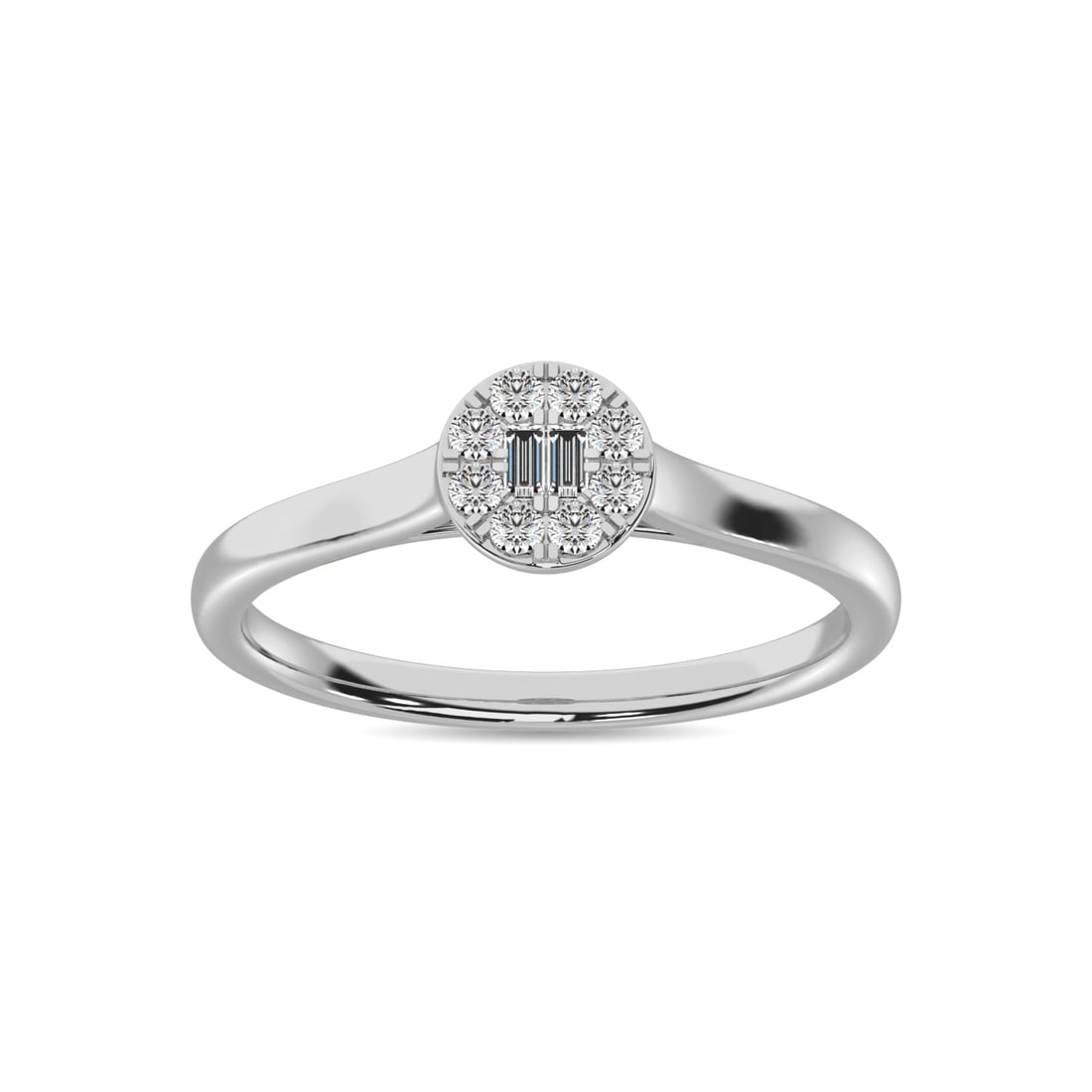 Diamond 1/6 Ct.Tw. Round and Baguette Fashion Ring in 10K White Gold: Diamond 1/6 Ct.Tw. Round and Baguette Fashion Ring in 10K White Gold 10k White Gold Stone Color: G-h Stone Clarity: I1 Each ring is presented in standard size 6.5. Complimentary resizing is available 