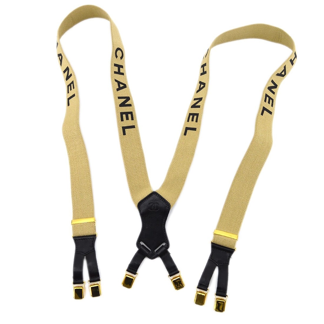 Chanel Leather Suspenders Beige Women One Size France: Chanel Leather Suspenders Beige Women One Size France Beige Chanel suspenders for women with leather, canvas, and gold-plated details. Made in France, this pair features a beige and black color combin