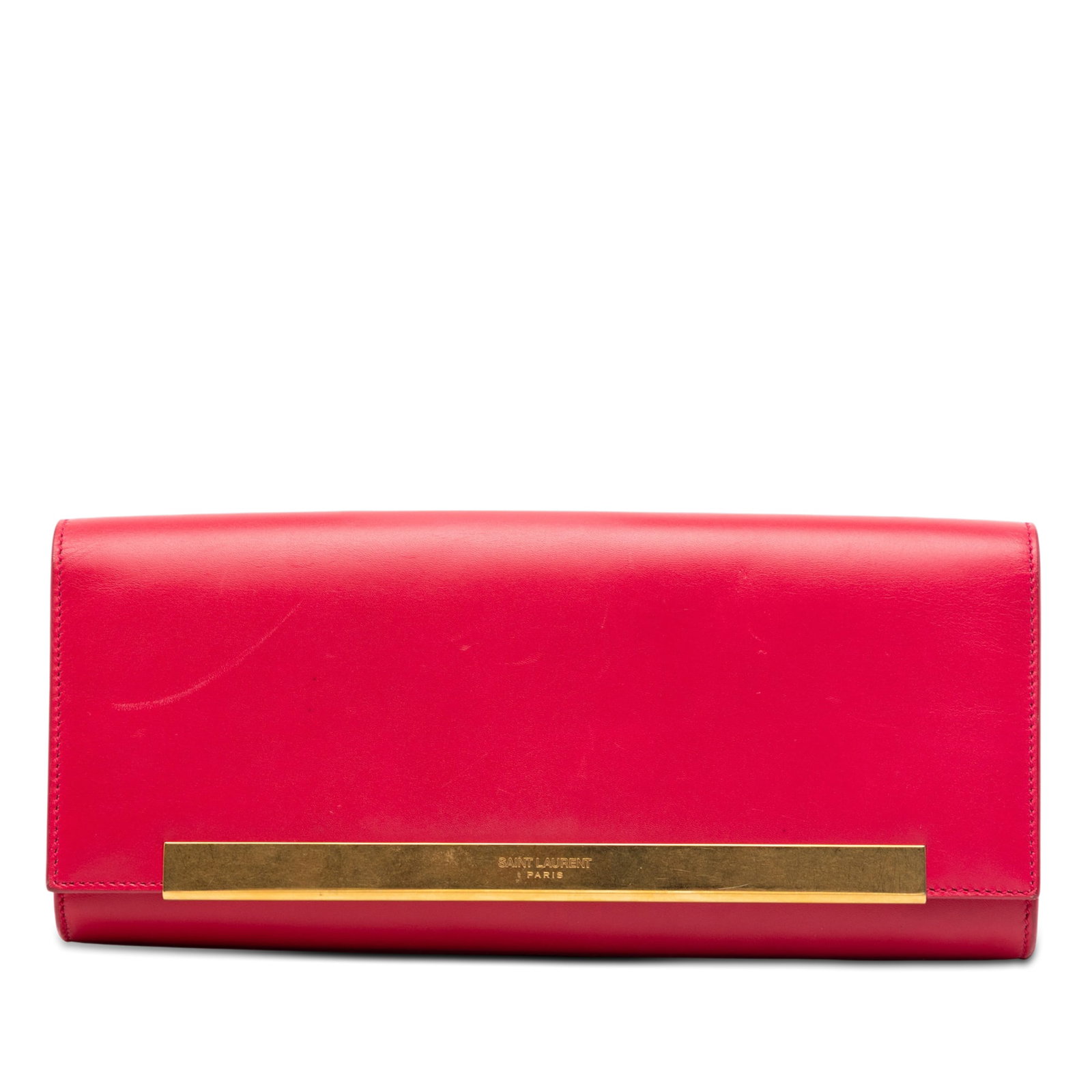 Saint Laurent Lutetia pink leather flap clutch: Saint Laurent Lutetia pink leather flap clutch This Saint Laurent Smooth Calfskin Lutetia Flap Clutch is crafted in pink leather and features a gold tone metal plate accent. The design includes a fron