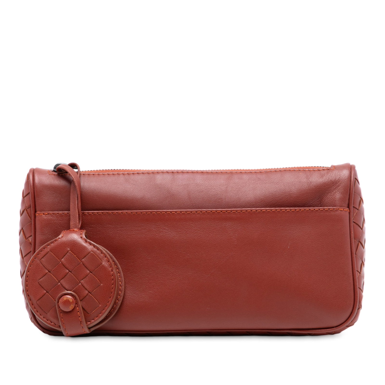 Brown Nappa Leather Pouch by Bottega Veneta Intrecciato: Brown Nappa Leather Pouch by Bottega Veneta Intrecciato This Bottega Veneta Nappa Intrecciato Pouch features a nappa leather body with the brand's signature intrecciato design, a top zip closure, and 