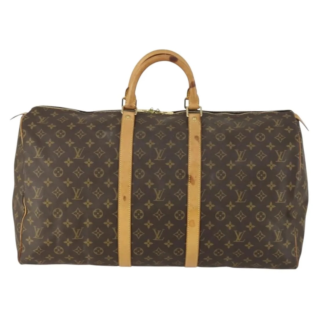 Monogram Canvas Louis Vuitton Keepall Duffle Bag 55cm: Monogram Canvas Louis Vuitton Keepall Duffle Bag 55cm This Louis Vuitton Keepall Bag is crafted from brown monogram canvas and designed for unisex use. The bag features leather handles and metal fitti