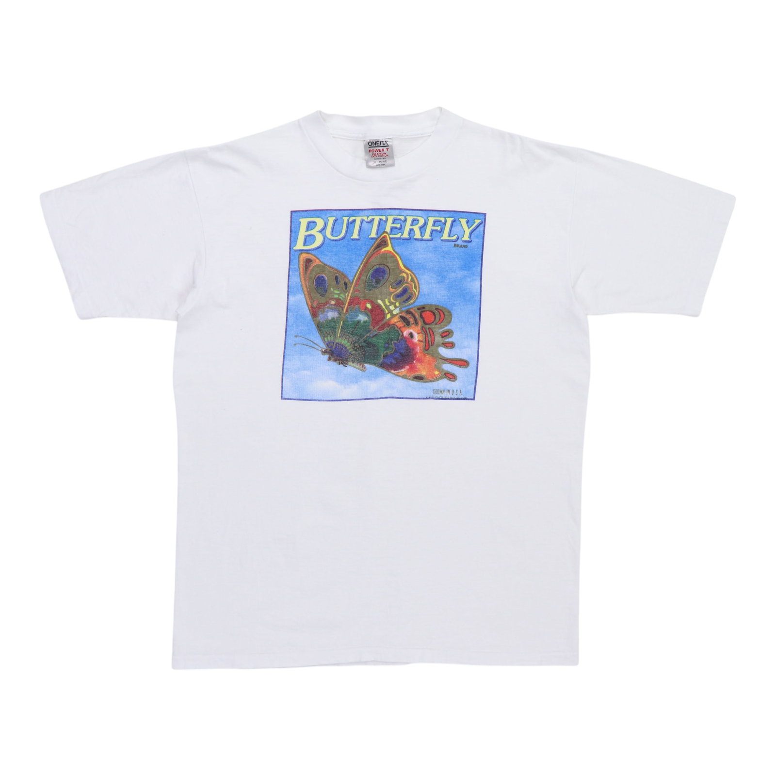 Vintage 1990 Grown In USA Butterfly Graphic White Cotton Shirt Extra Large: Vintage 1990 Grown In USA Butterfly Graphic White Cotton Shirt Extra Large This is an original vintage 1990 "Butterfly Grown In USA" shirt. Made in the 1990s, this shirt features front graphics only, 
