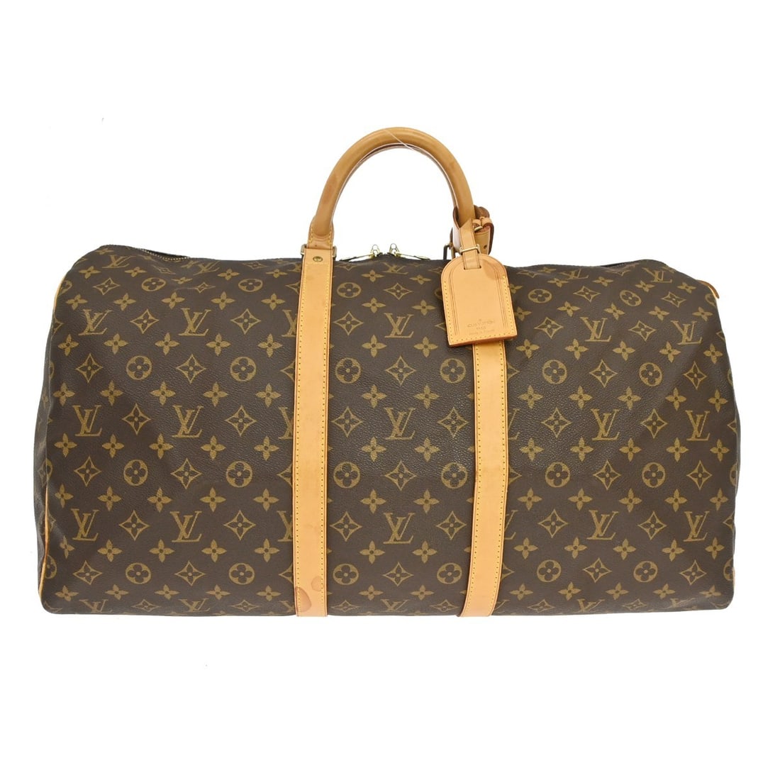 Louis Vuitton Keepall 55 Monogram Canvas Duffle Bag M41424: Louis Vuitton Keepall 55 Monogram Canvas Duffle Bag M41424 Vintage Louis Vuitton Keepall 55 travel handbag in brown Monogram canvas with leather trim and double handles. This extra large duffle-style 