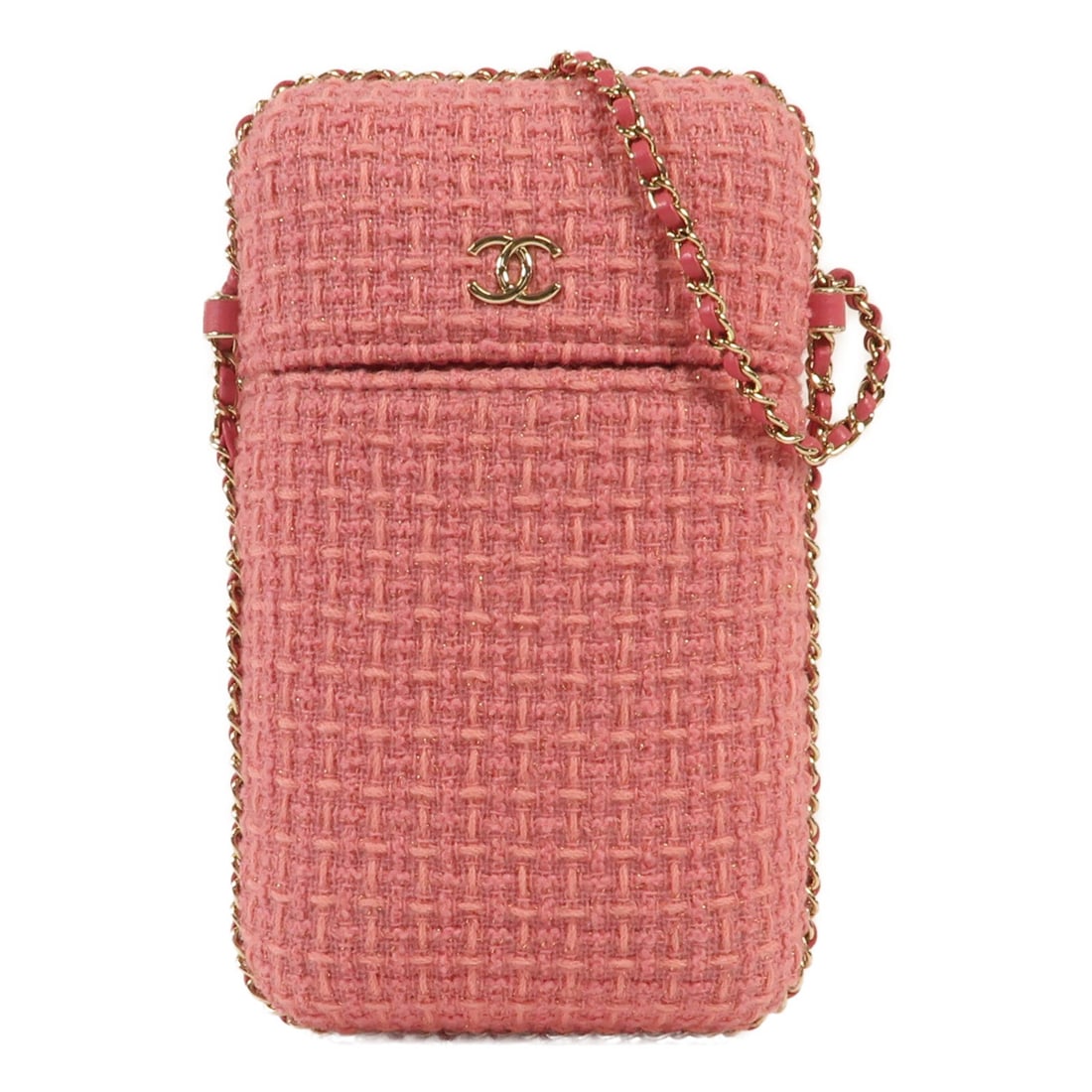 CHANEL CC Tweed Pink Shoulder Phone Bag: CHANEL CC Tweed Pink Shoulder Phone Bag CHANEL shoulder bag in pink tweed with CC detailing. Designed as a phone bag style, this women's bag offers a slim profile and is presented in AB: Very Good con